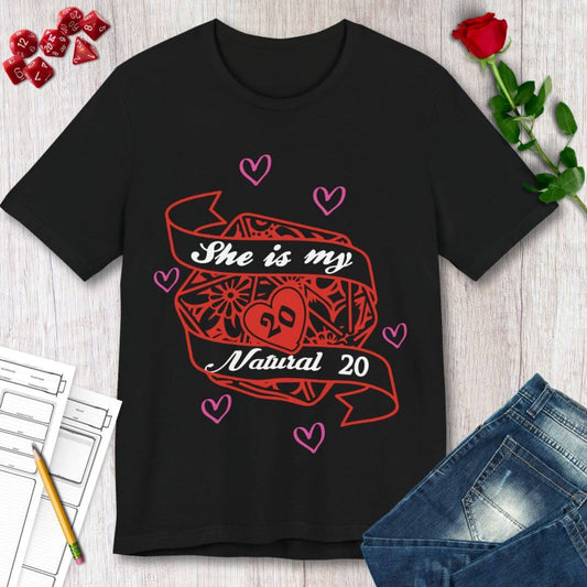 DND Valentines Gift Shirt - She is My Natural 20 - D&D Matching Couples Shirt Color: Black Size: S