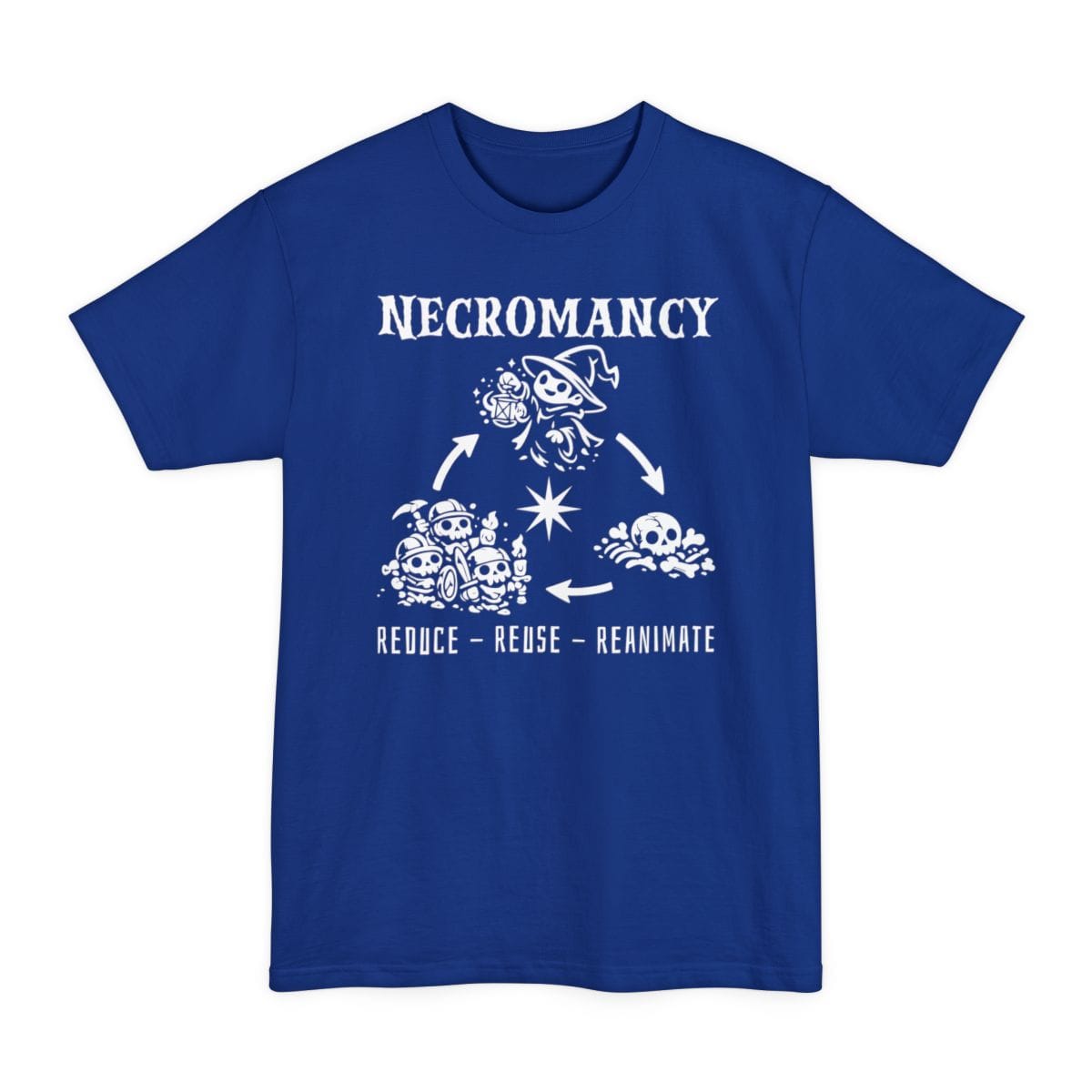 The same Reduce Reuse Reanimate design, on a deep royal tall t-shirt.