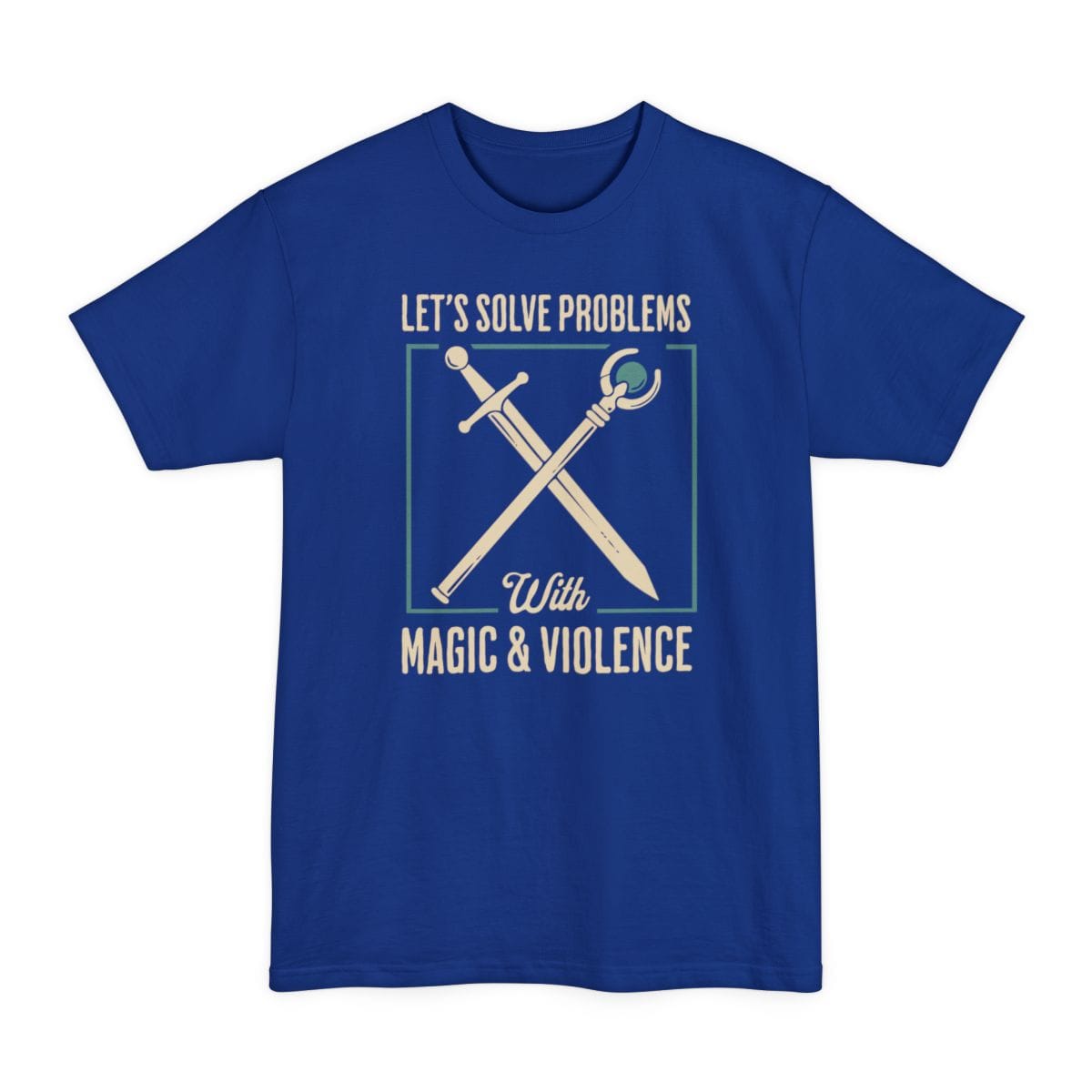 The same Magic and Violence crossed sword and staff design, on a deep royal tall t-shirt.