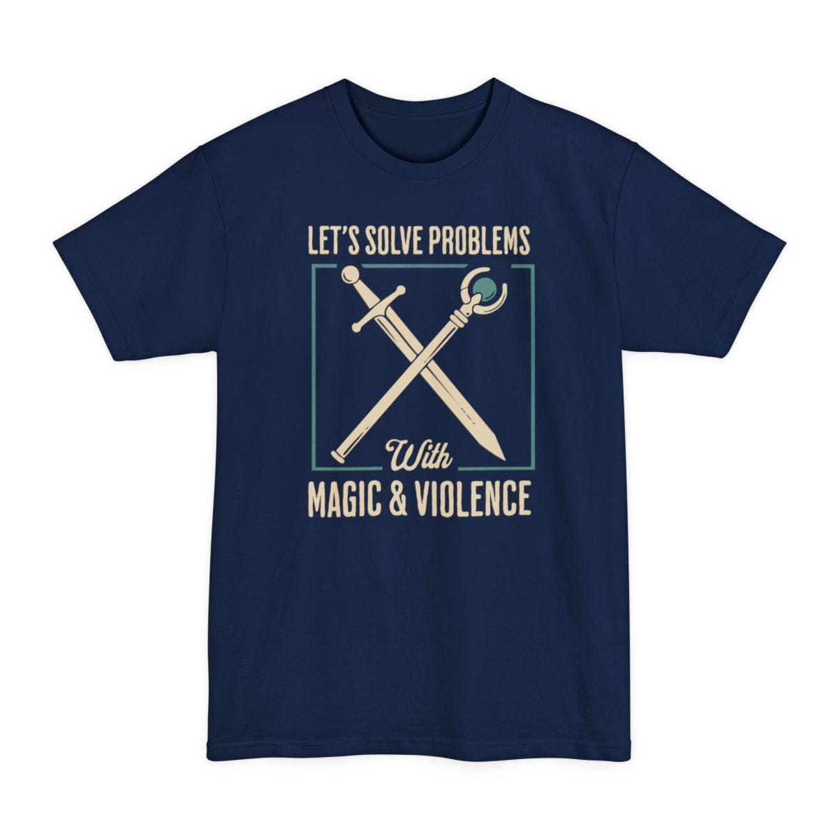 The same Magic and Violence crossed sword and staff design, on a navy tall t-shirt.