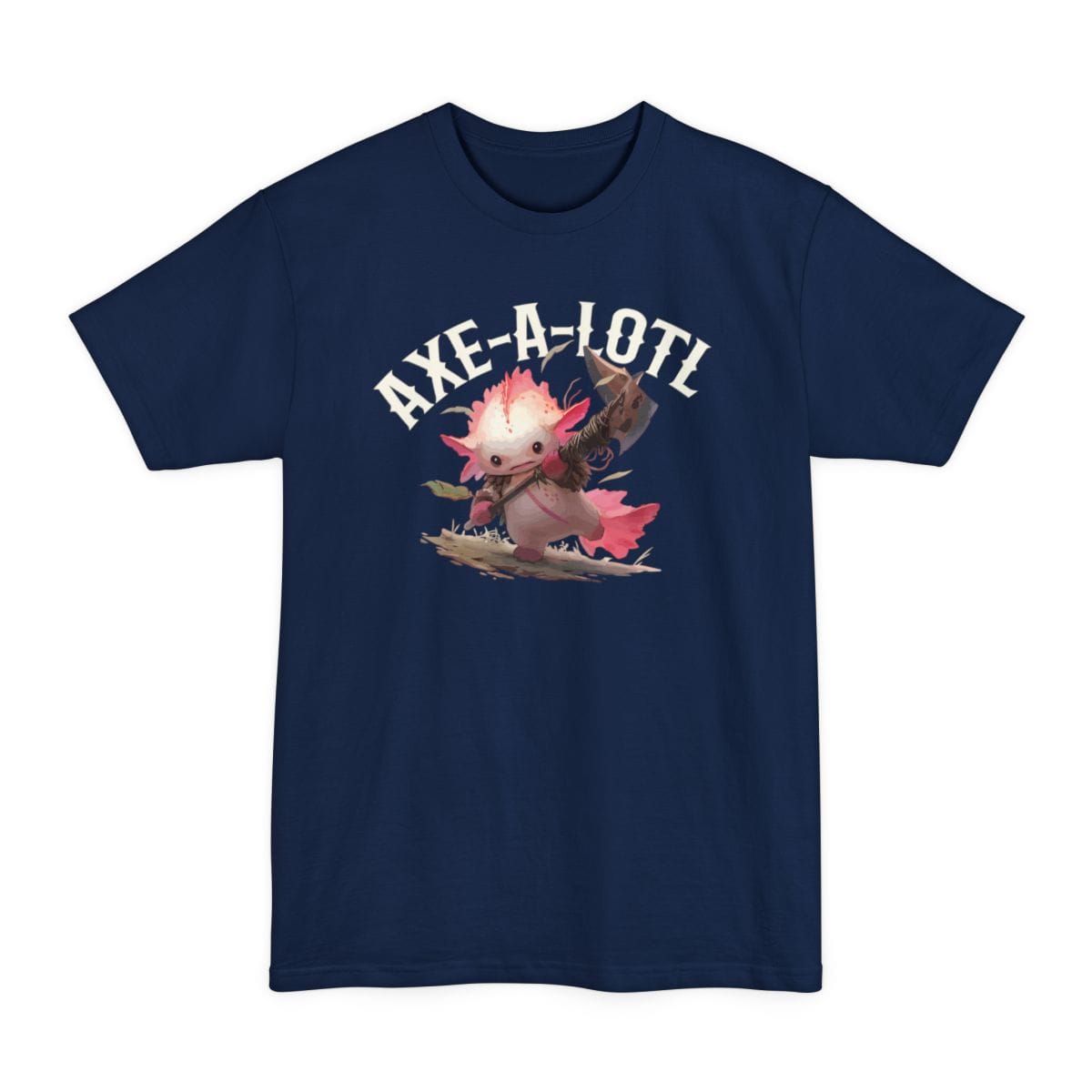 The same Axe-A-Lotl design, on a navy tall t-shirt.