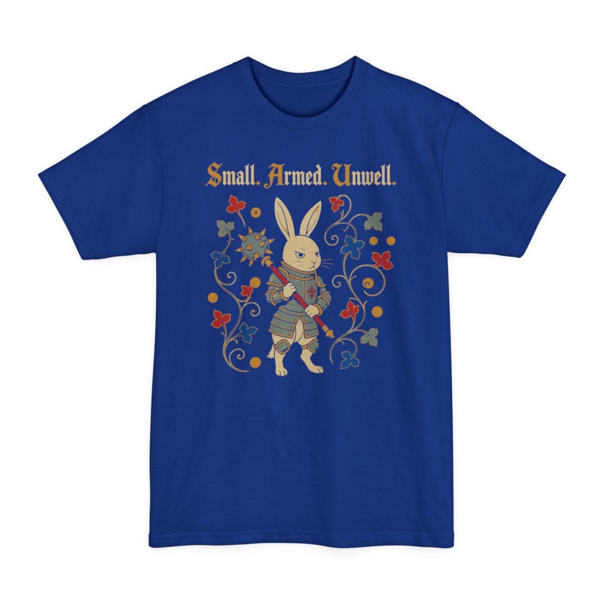 The same Small Armed Unwell rabbit design, on a deep royal tall t-shirt.