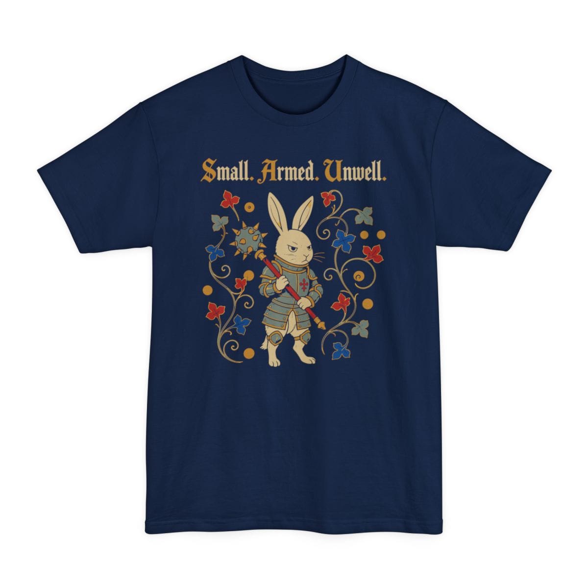The same Small Armed Unwell rabbit design, on a navy tall t-shirt.