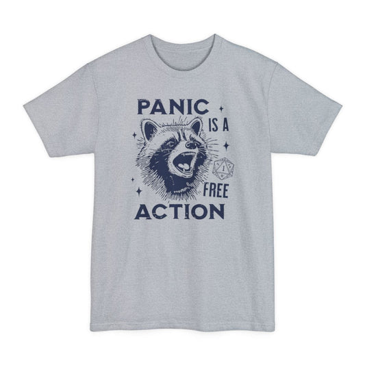 Light Steel tall t-shirt. Reads "Panic" across the top, "is a" and "free" down the right side and "Action" across the bottom, all in distressed navy capitals. In the middle a wide-eyed raccoon head throws its mouth open mid-scream, drawn in scratchy vintage engraving lines. A twenty-sided die showing a 1 sits beside it and four-pointed sparkles scatter around. Single navy ink.