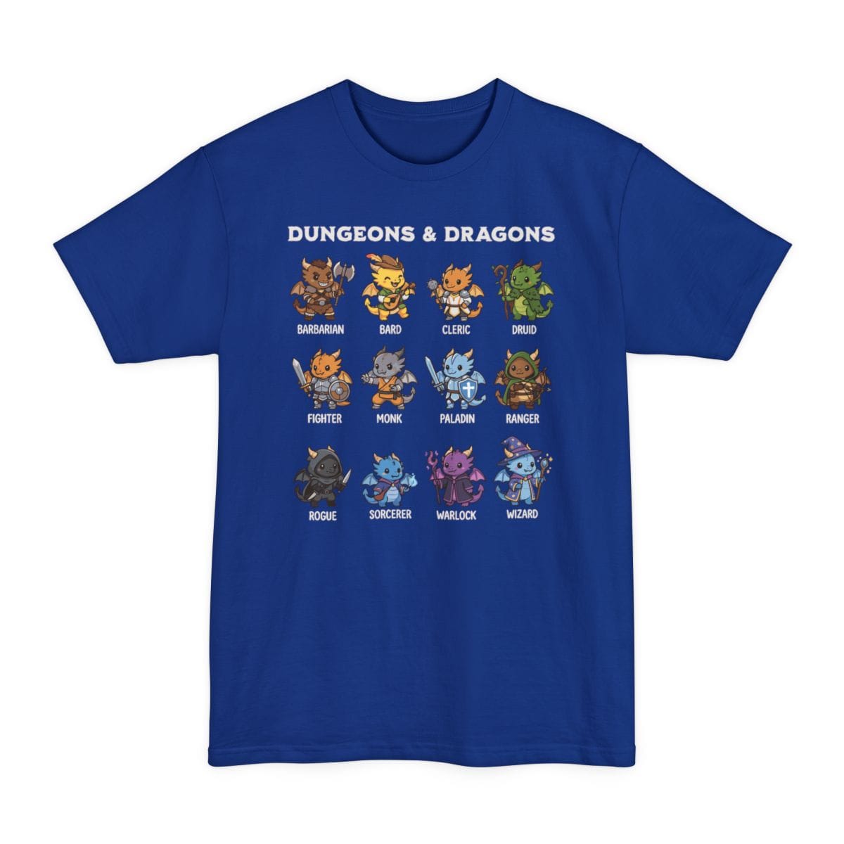 The same All Classes dragonfolk design, on a deep royal tall t-shirt.