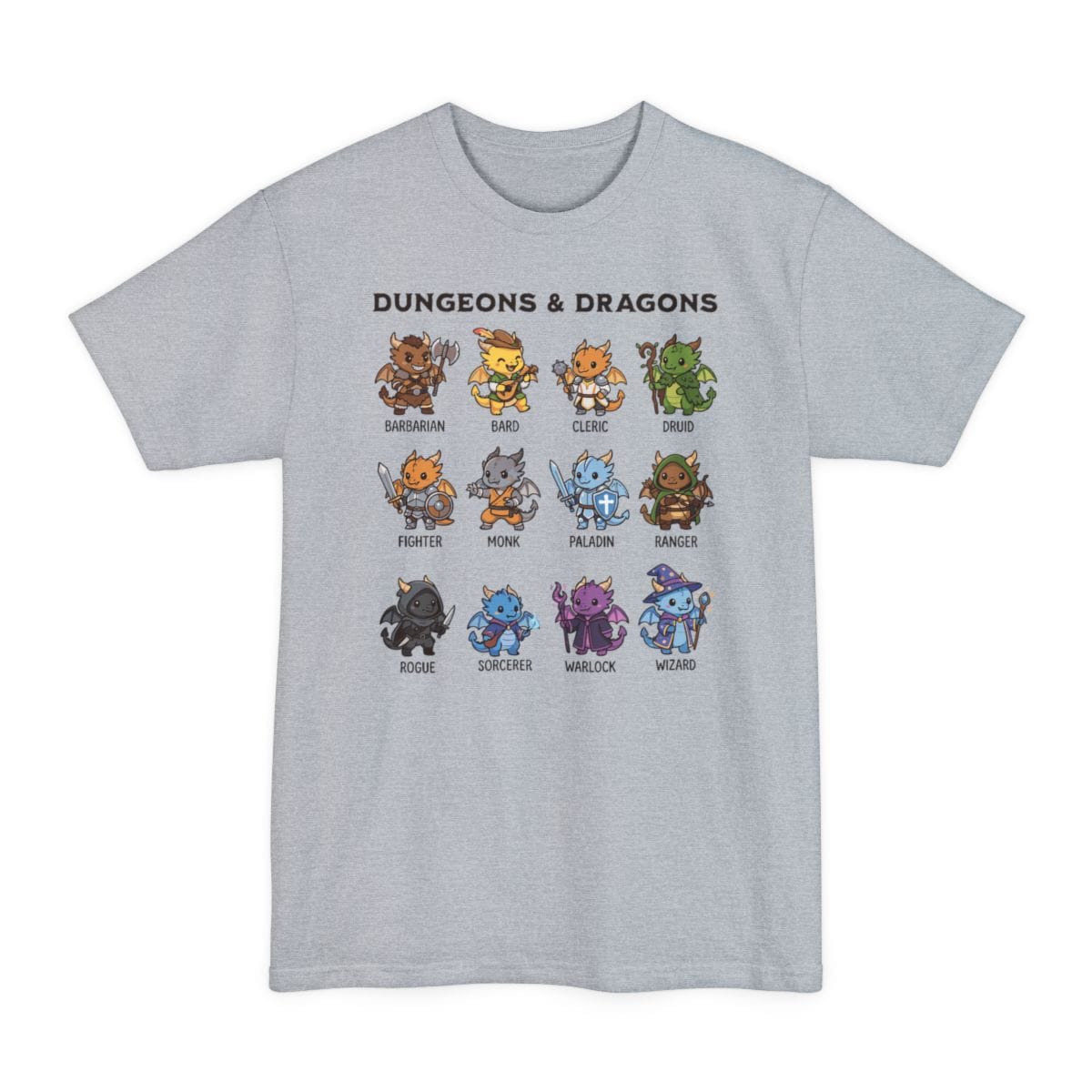 The same All Classes dragonfolk design, on a light steel tall t-shirt.