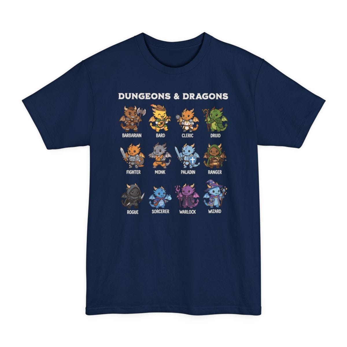 The same All Classes dragonfolk design, on a navy tall t-shirt.