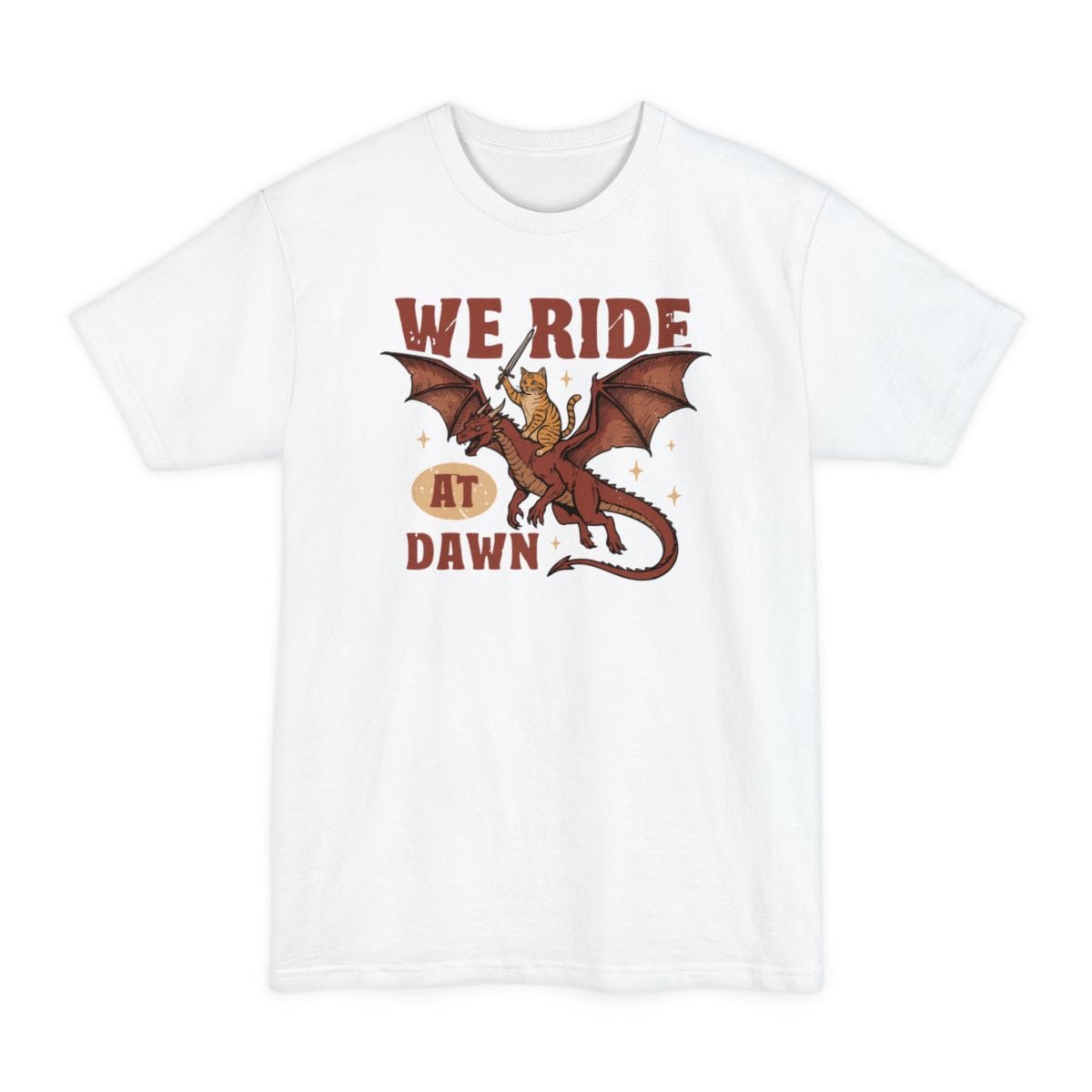 The same We Ride At Dawn dragon cat design, on a white tall t-shirt.