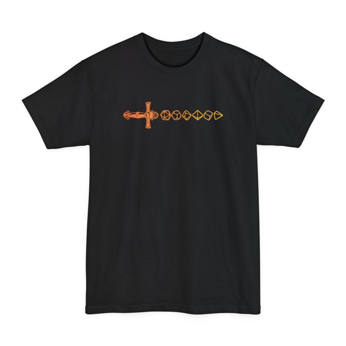 Black tall t-shirt. A single horizontal line across the chest. A small ornate sword points left, then seven polyhedral dice run in a row to the right of it, each a different shape, from a four-sided die up to a twenty-sided one. All drawn as thin outlines in orange and gold. No words.