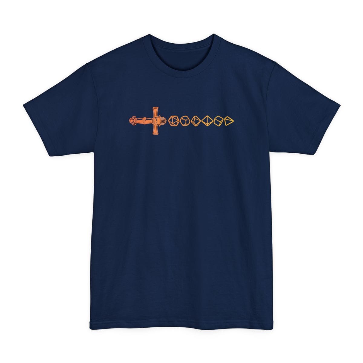 The same Dice sword line, orange design, on a navy tall t-shirt.