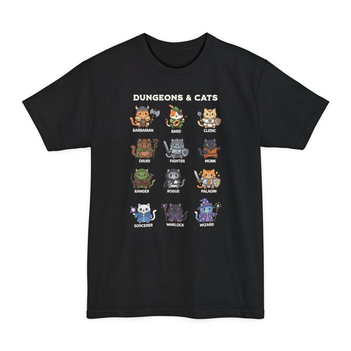Black tall t-shirt. Reads "Dungeons and Cats" in chunky cream lettering across the top. Below it twelve round cartoon cats stand in a grid, each dressed as a Dungeons and Dragons class and labelled underneath: a barbarian in a horned helmet with an axe, a bard with a lute, a cleric, a druid, a fighter, a monk, a ranger, a rogue, a paladin, a sorcerer, a warlock and a wizard. Soft kawaii illustration in ginger, gray, black and brown with green, blue and purple robes.