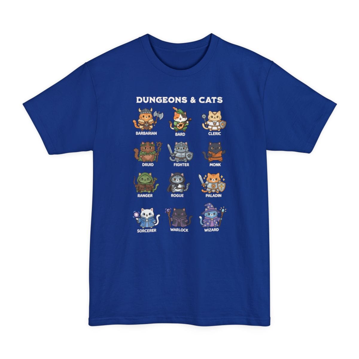 The same Dungeons and Cats design, on a deep royal tall t-shirt.