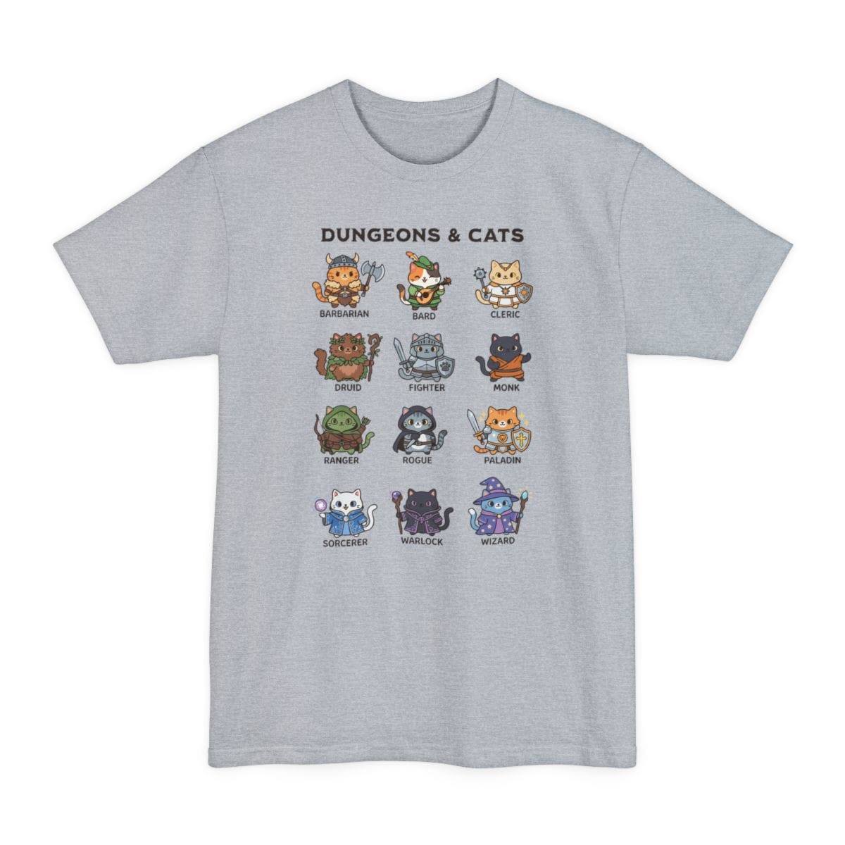 The same Dungeons and Cats design, on a light steel tall t-shirt.