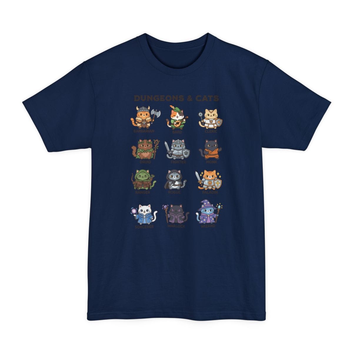 The same Dungeons and Cats design, on a navy tall t-shirt.