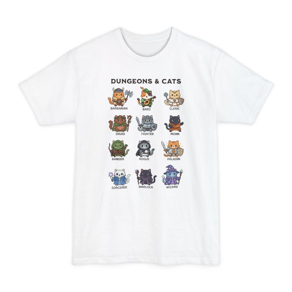 The same Dungeons and Cats design, on a white tall t-shirt.