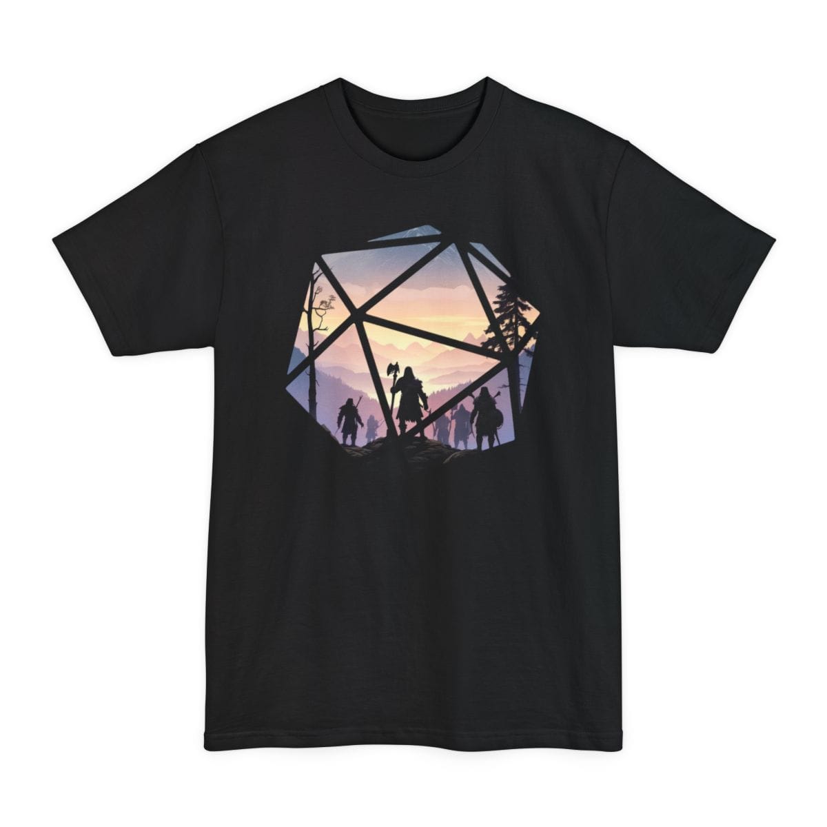 Black tall t-shirt. A large twenty-sided die shape whose triangular facets act as windows onto one continuous landscape. Inside, a party of hooded adventurers in silhouette walks a rocky ridge toward misty violet mountains and a pale gold sunset, a bare tree on the left and pines on the right. The lead figure carries a tall axe. Soft flat illustration in lilac, dusty pink, cream and near black. No words.