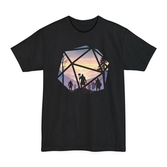 Black tall t-shirt. A large twenty-sided die shape whose triangular facets act as windows onto one continuous landscape. Inside, a party of hooded adventurers in silhouette walks a rocky ridge toward misty violet mountains and a pale gold sunset, a bare tree on the left and pines on the right. The lead figure carries a tall axe. Soft flat illustration in lilac, dusty pink, cream and near black. No words.