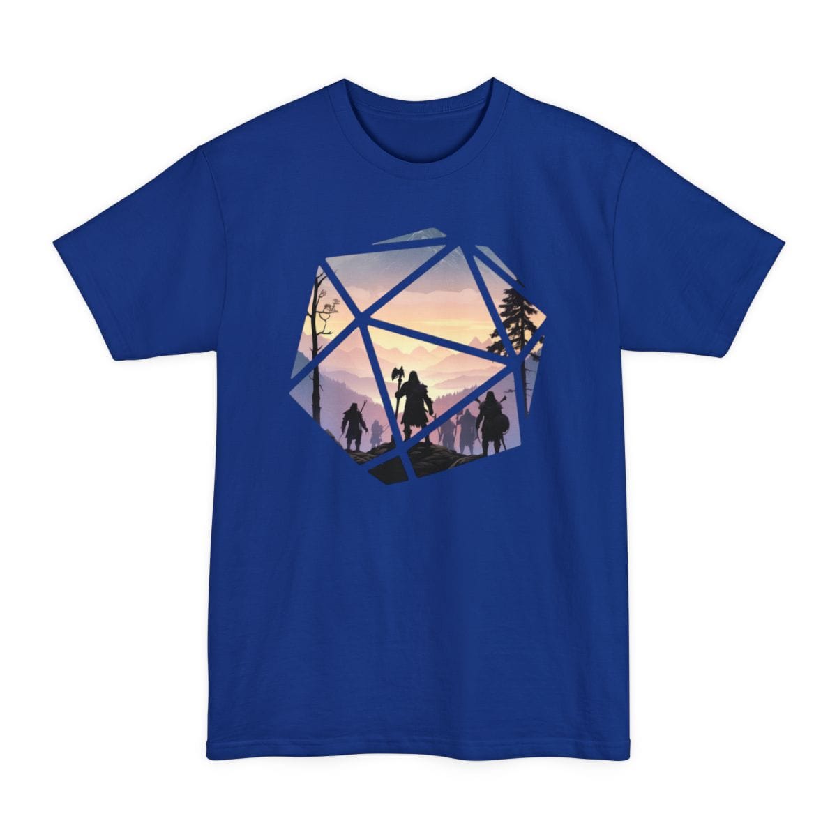The same D20 landscape design, on a deep royal tall t-shirt.