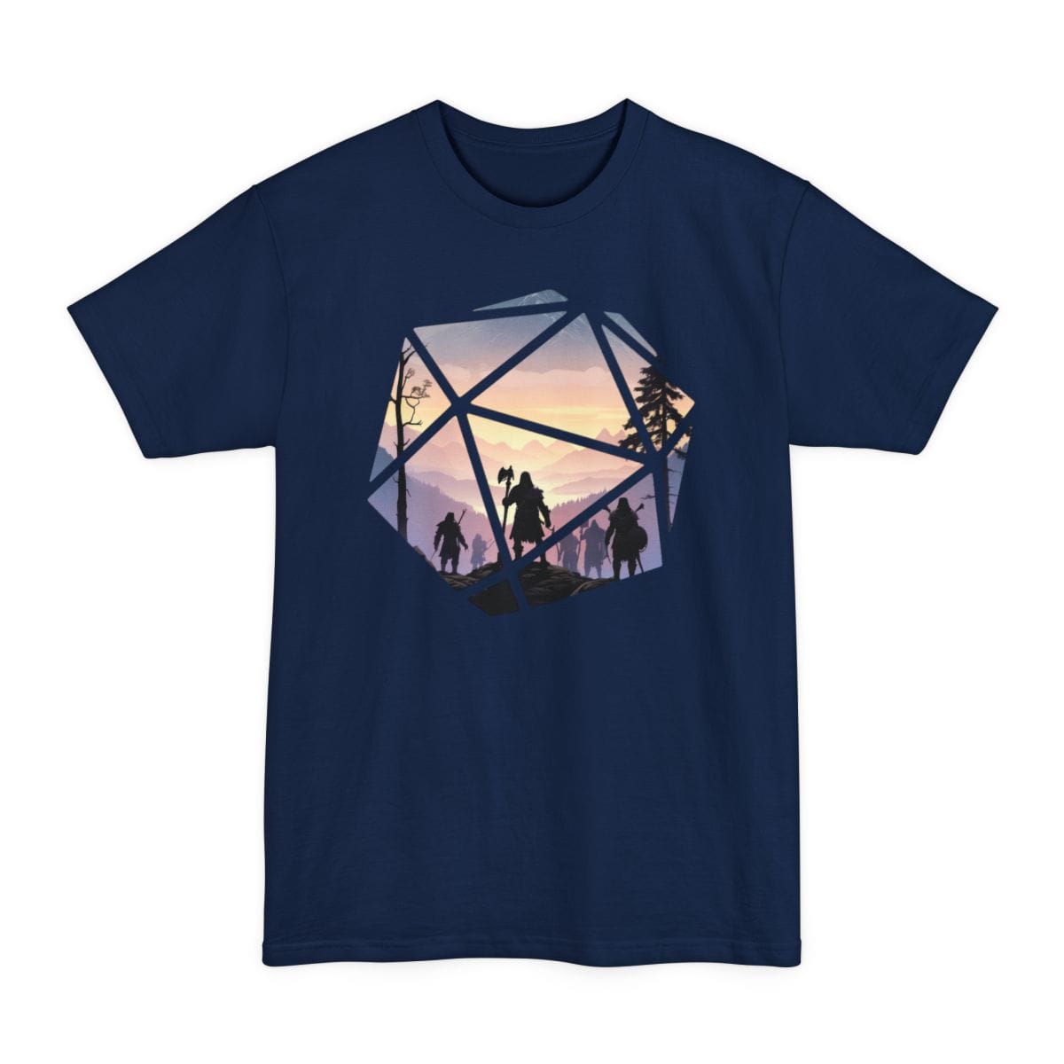 The same D20 landscape design, on a navy tall t-shirt.