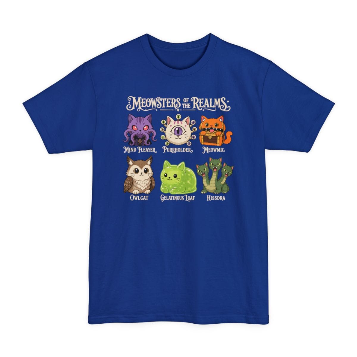 The same Meowsters of the Realms design, on a deep royal tall t-shirt.