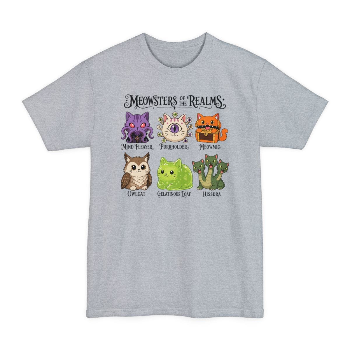 The same Meowsters of the Realms design, on a light steel tall t-shirt.