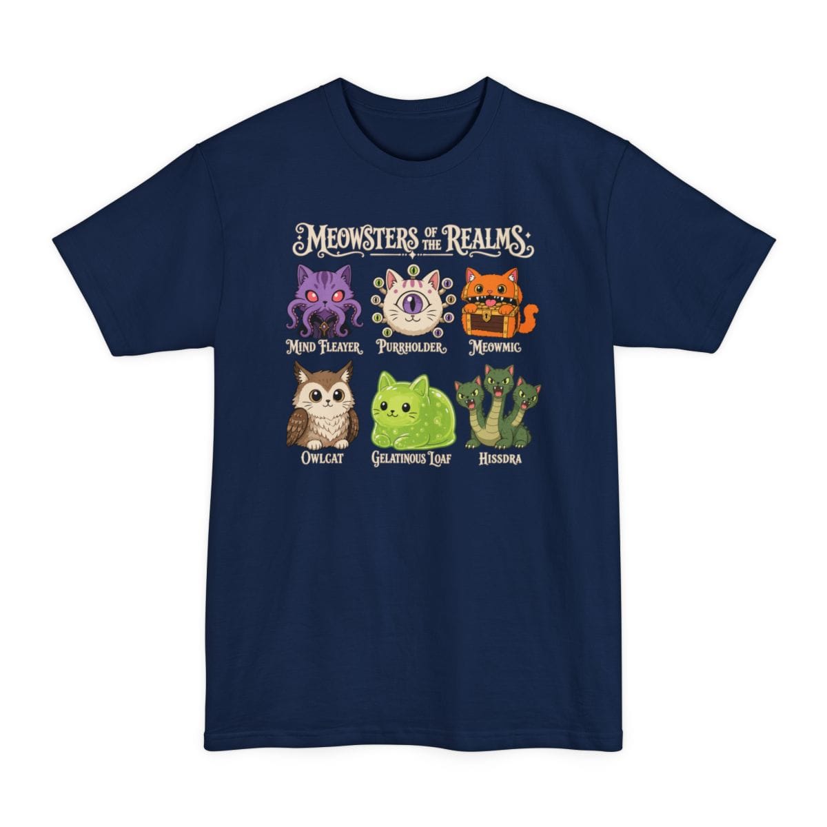 The same Meowsters of the Realms design, on a navy tall t-shirt.