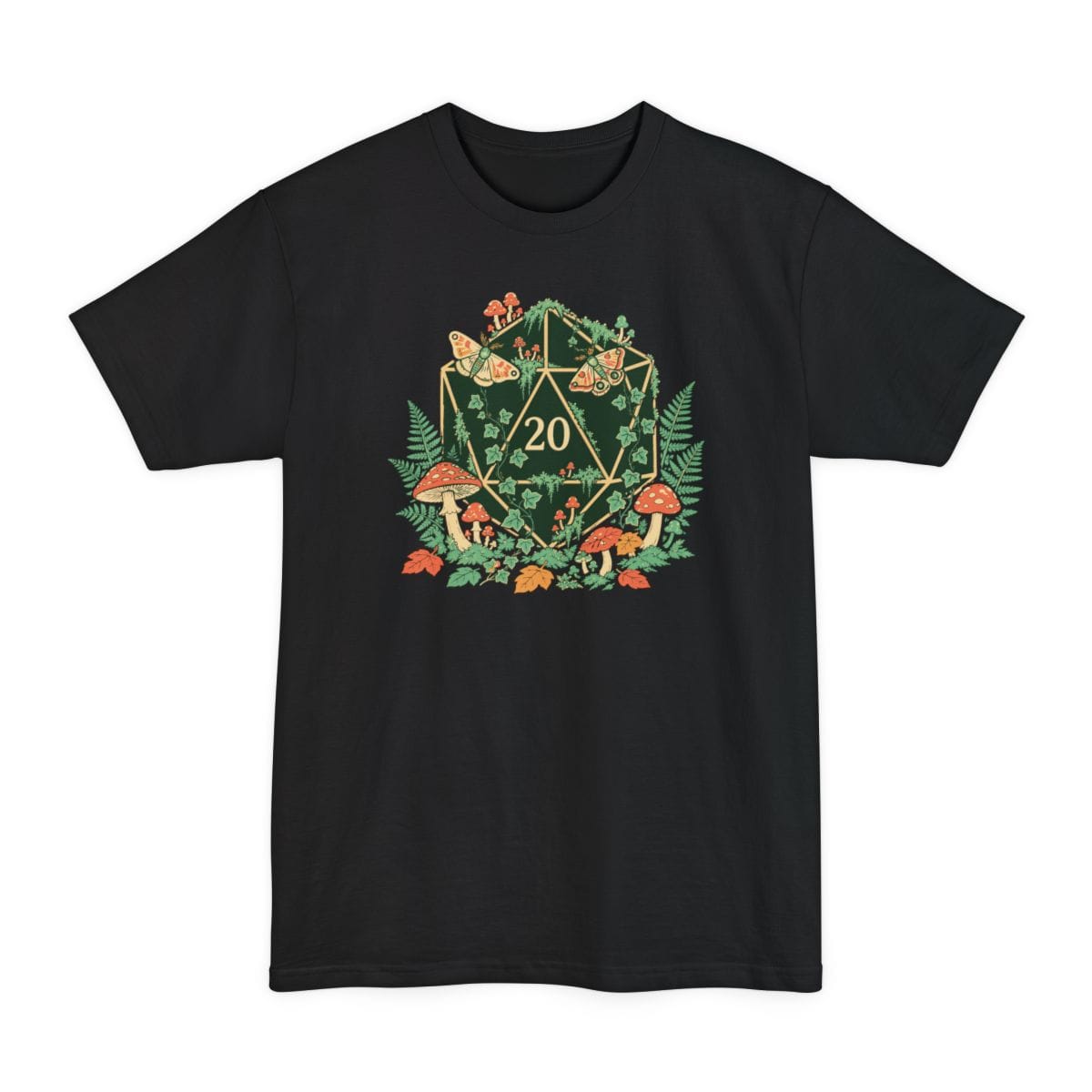 Black tall t-shirt. A dark green twenty-sided die showing 20 sits in the middle, edged in gold and overgrown with ivy. Red toadstools, ferns, autumn leaves and two moths cluster around it. Warm woodland colors in green, red, orange and gold. No words.