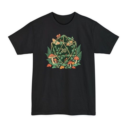 Black tall t-shirt. A dark green twenty-sided die showing 20 sits in the middle, edged in gold and overgrown with ivy. Red toadstools, ferns, autumn leaves and two moths cluster around it. Warm woodland colors in green, red, orange and gold. No words.