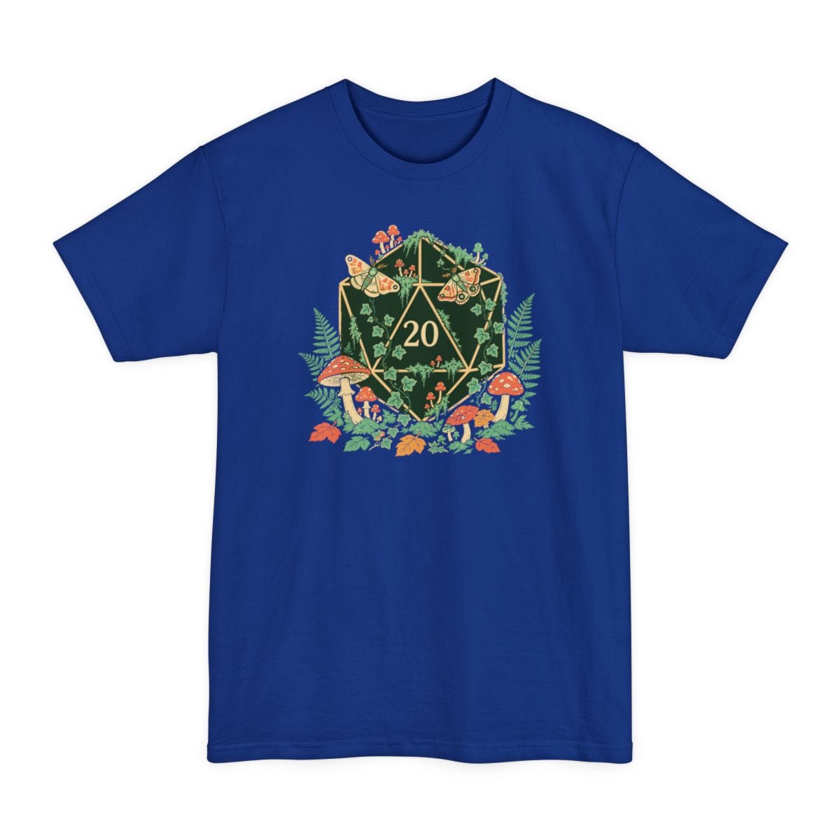 The same Goblincore D20 color design, on a deep royal tall t-shirt.