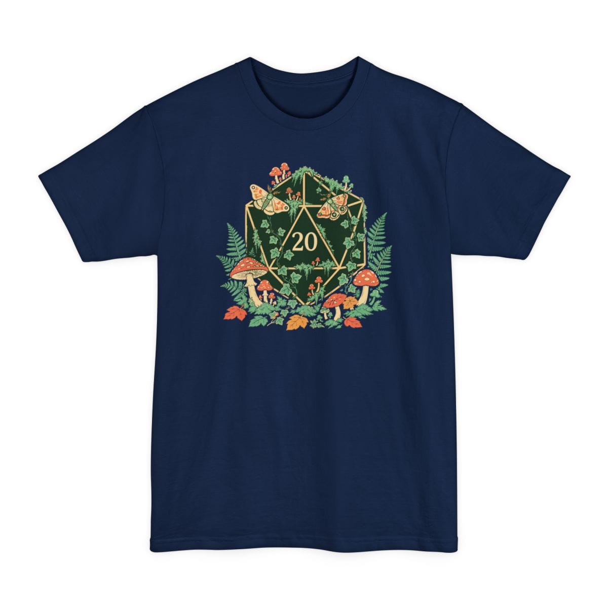 The same Goblincore D20 color design, on a navy tall t-shirt.