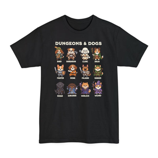 Black tall t-shirt. Reads "Dungeons and Dogs" in chunky capitals across the top, cream on dark colors and dark gray on light ones. Below it twelve cartoon dogs stand in a grid, each dressed as a Dungeons and Dragons class and labeled underneath: bard, barbarian, cleric, druid, fighter, monk, paladin, ranger, rogue, sorcerer, warlock and wizard, from a lute-playing spaniel to a corgi wizard in a purple starry hat.