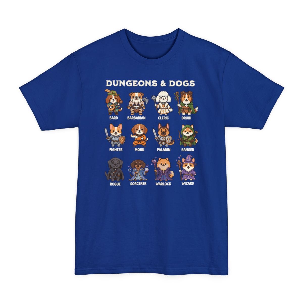 The same Dungeons and Dogs design, on a deep royal tall t-shirt.