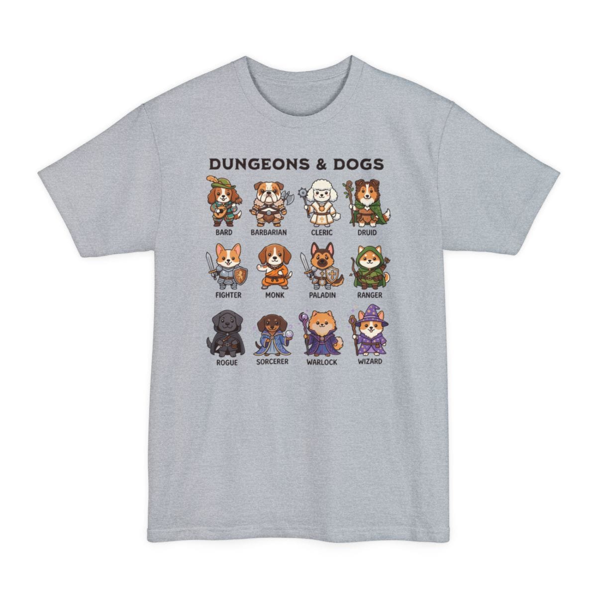 The same Dungeons and Dogs design, on a light steel tall t-shirt.