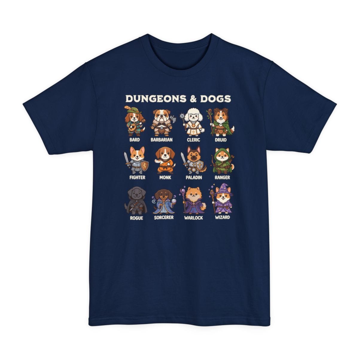 The same Dungeons and Dogs design, on a navy tall t-shirt.