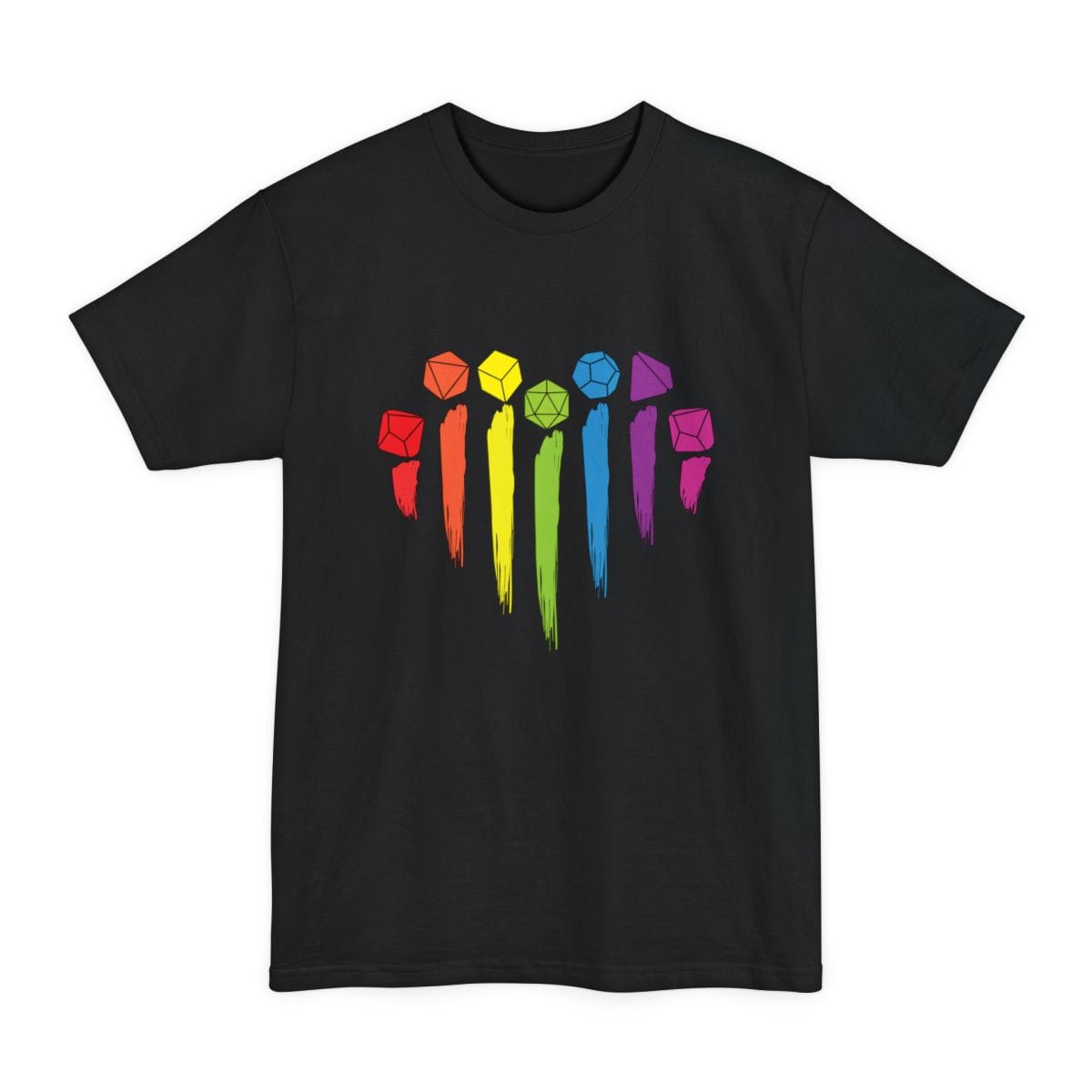 Black tall t-shirt. Seven polyhedral dice in rainbow colors, red, orange, yellow, green, blue, purple and pink, sit in a gentle arc. From each one a painted brush stroke drips downward in its own color, the middle strokes longest, so together they form the shape of a heart. No words at all.