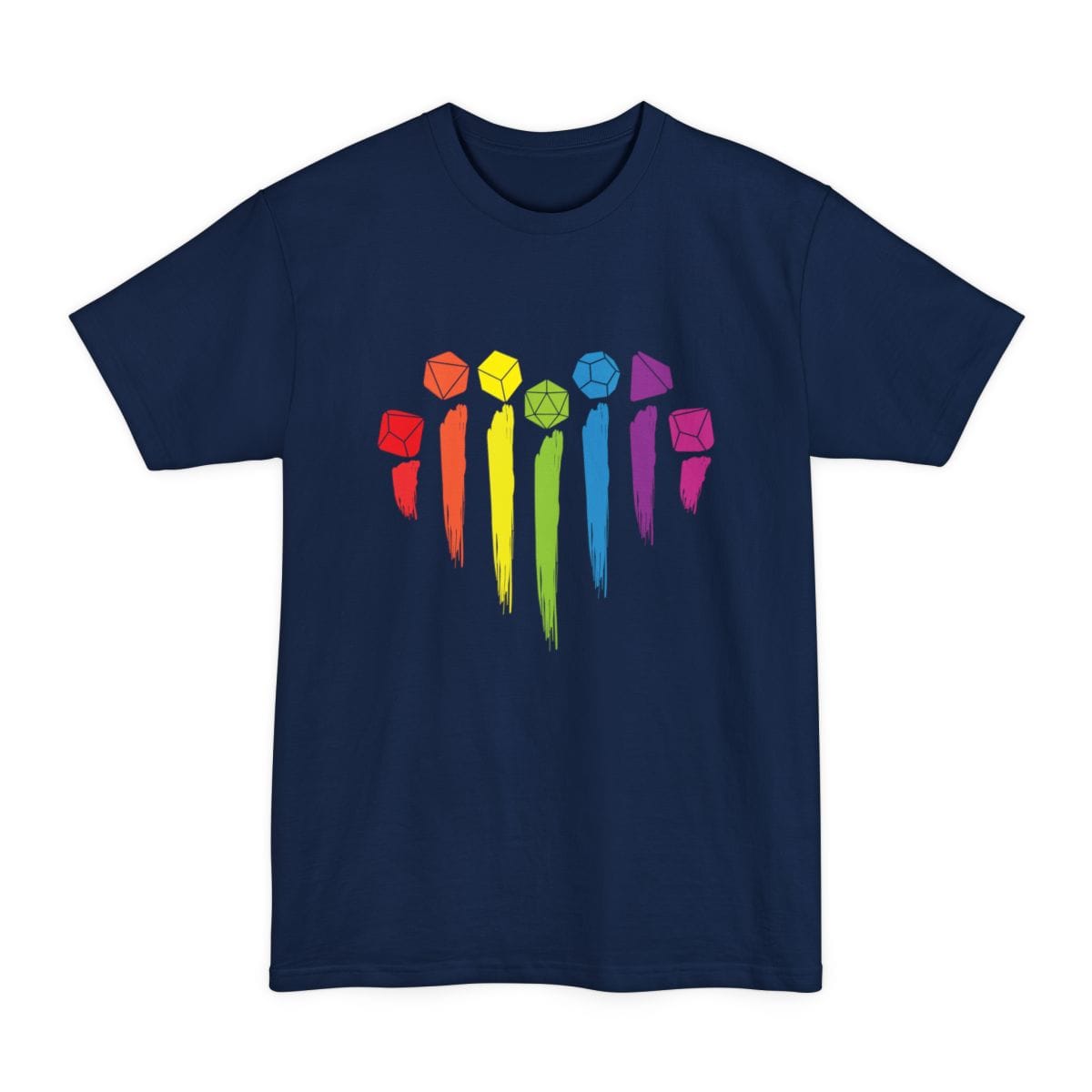 The same Pride dice rainbow design, on a navy tall t-shirt.