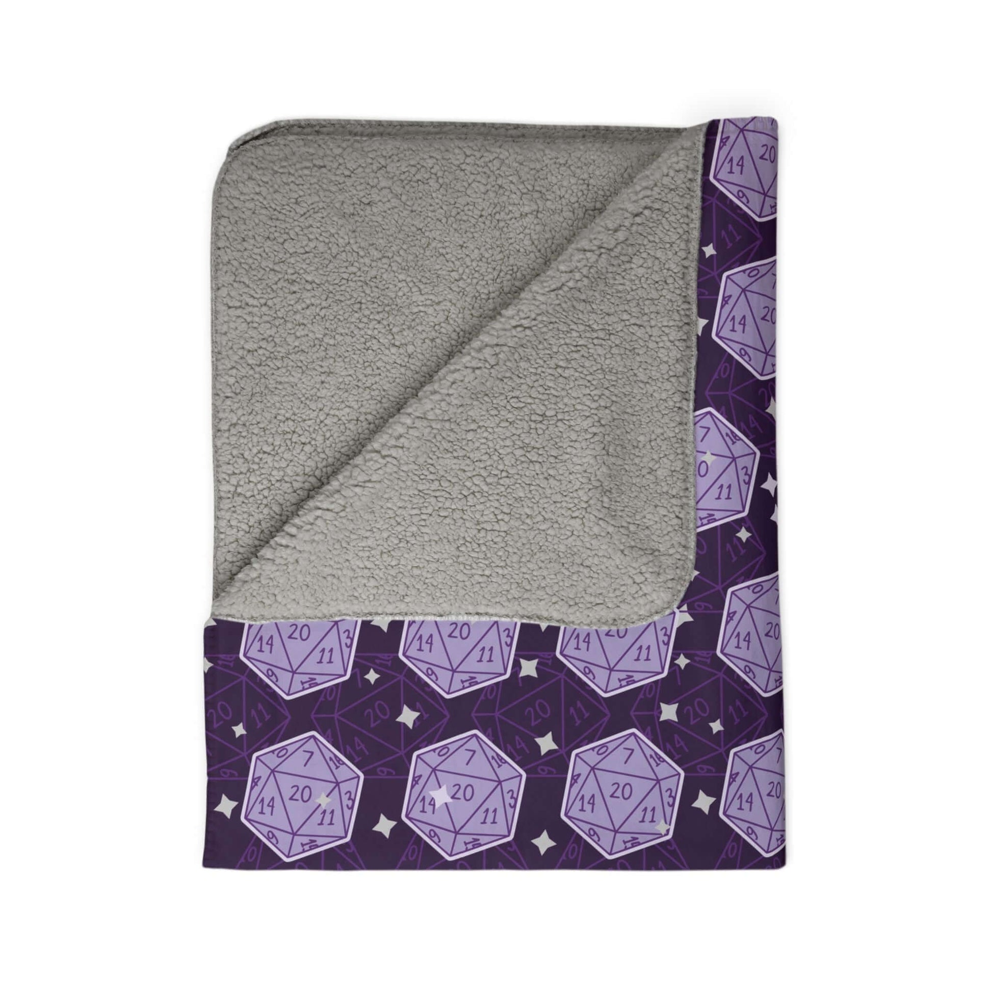 D&D Sherpa Fleece Blanket with Purple Dice Pattern Size: 50" × 60" Underside Color: Grey