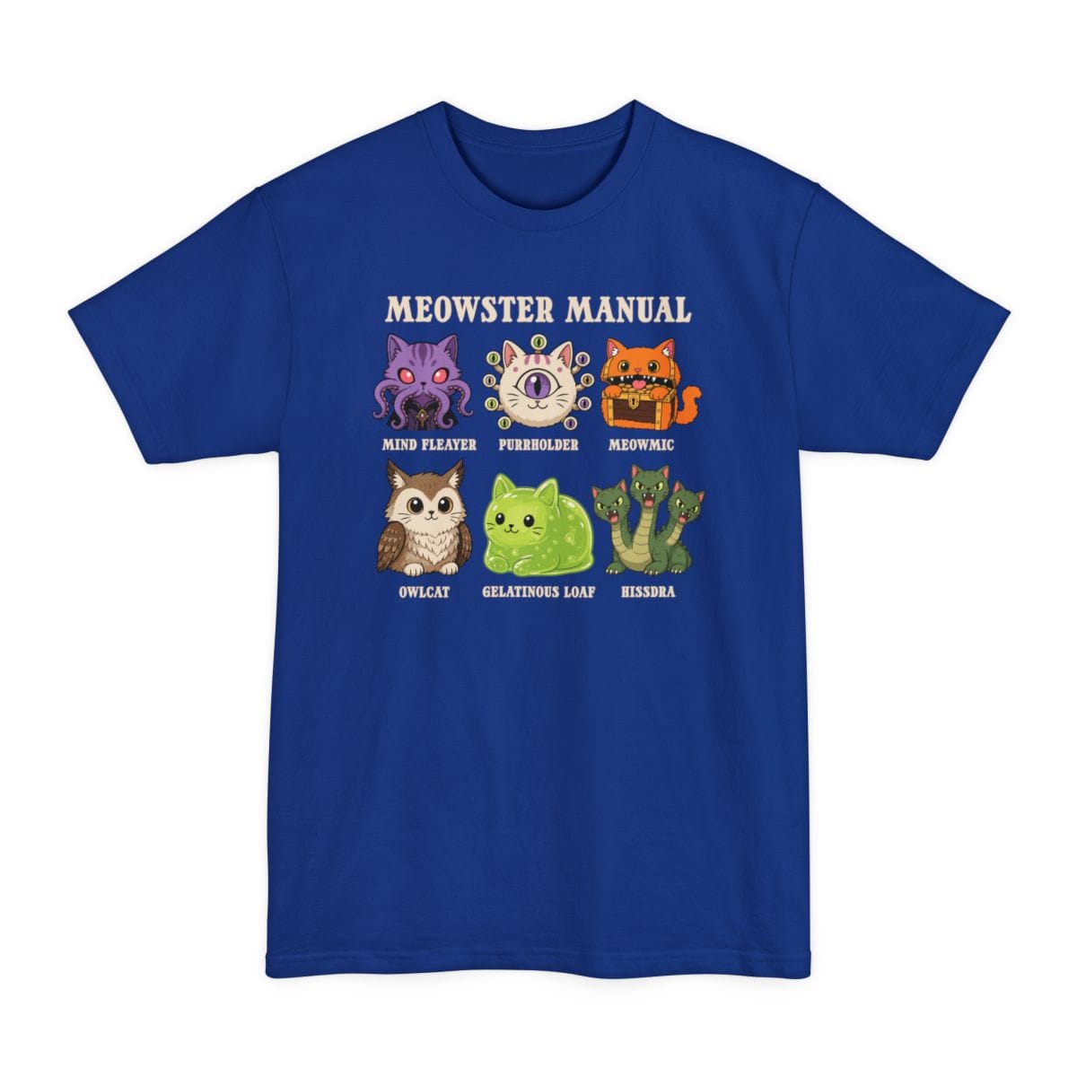 The same Meowster Manual design, on a deep royal tall t-shirt.