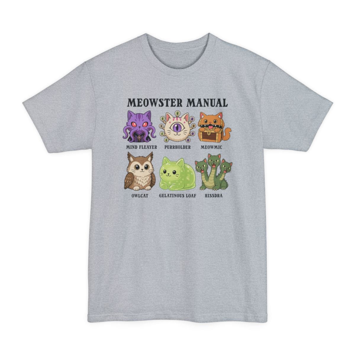 The same Meowster Manual design, on a light steel tall t-shirt.