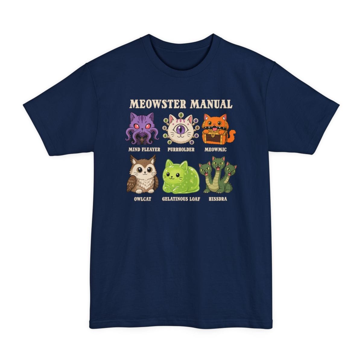 The same Meowster Manual design, on a navy tall t-shirt.