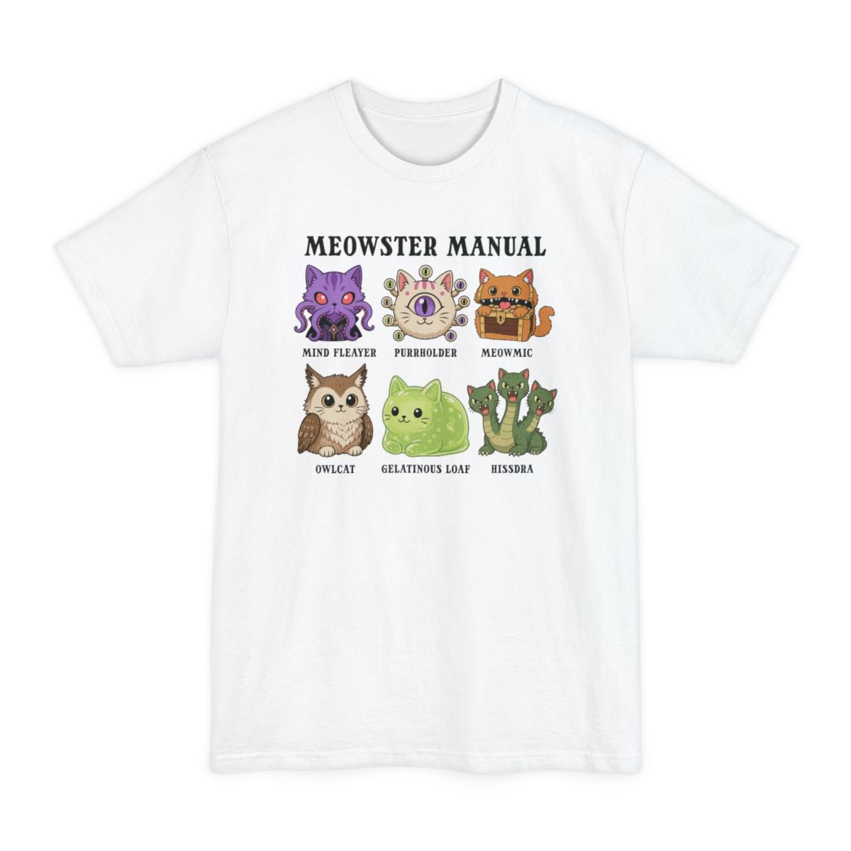 The same Meowster Manual design, on a white tall t-shirt.