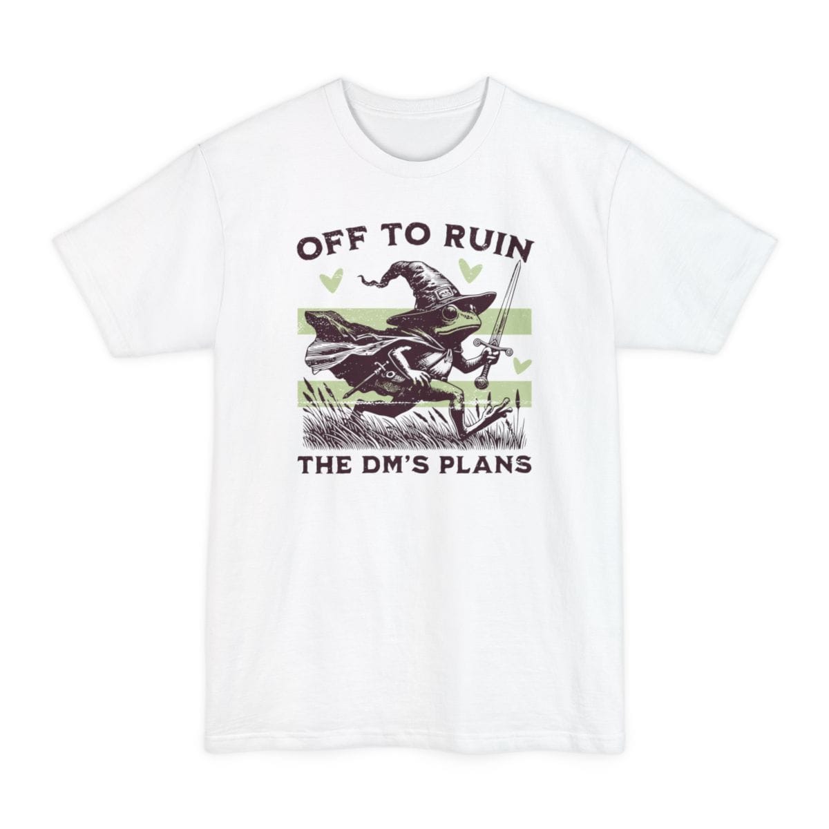 The same Off to Ruin the DM's Plans frog design, on a white tall t-shirt.