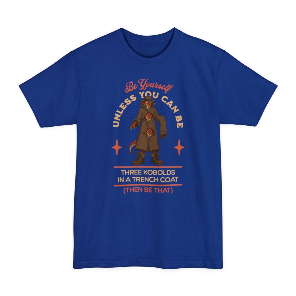 The same Three Kobolds in a Trench Coat design, on a deep royal tall t-shirt.