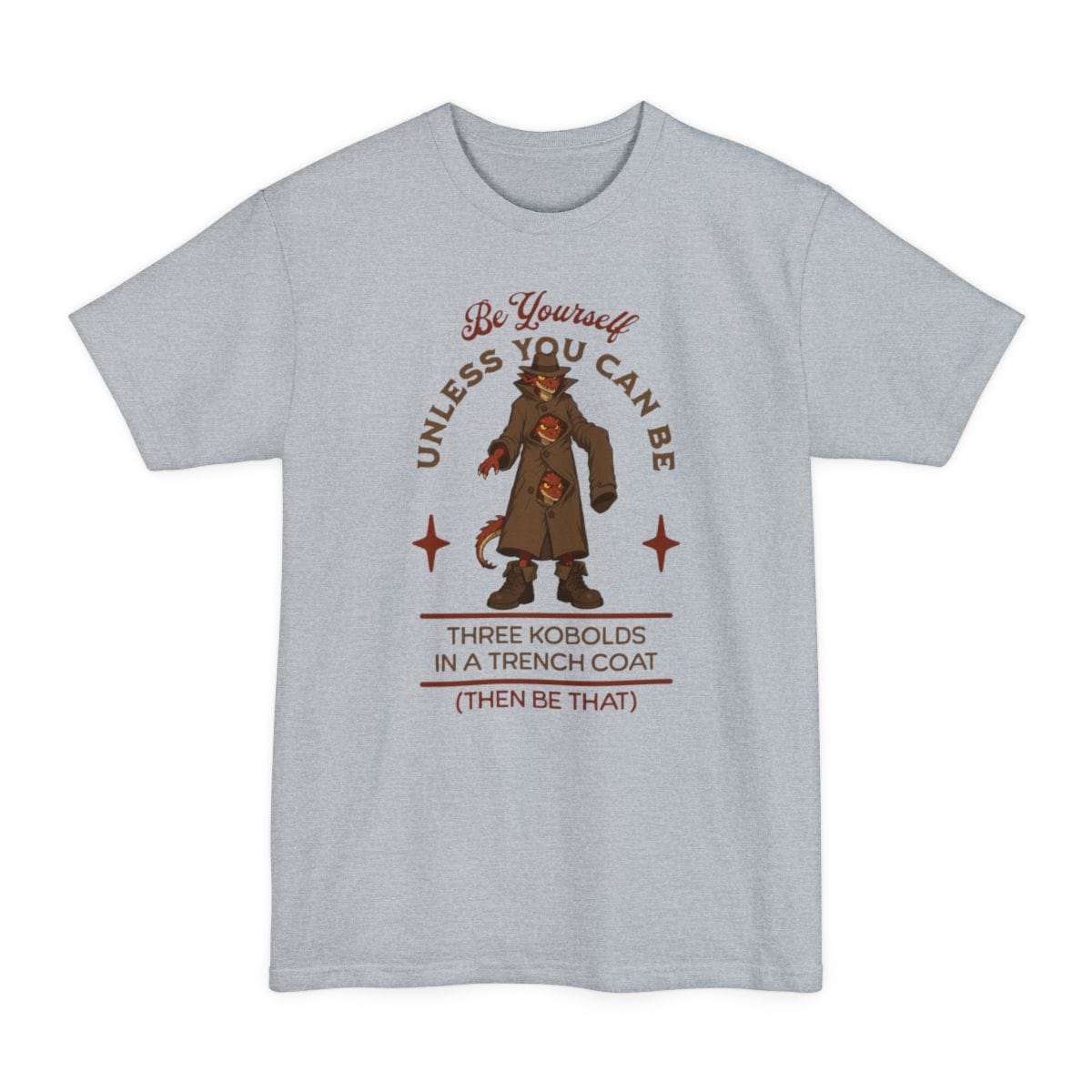 The same Three Kobolds in a Trench Coat design, on a light steel tall t-shirt.