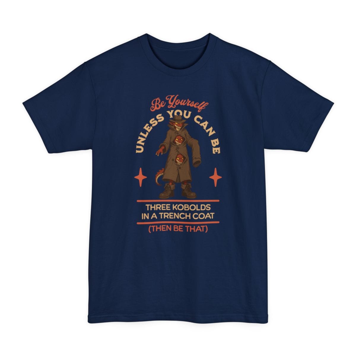 The same Three Kobolds in a Trench Coat design, on a navy tall t-shirt.