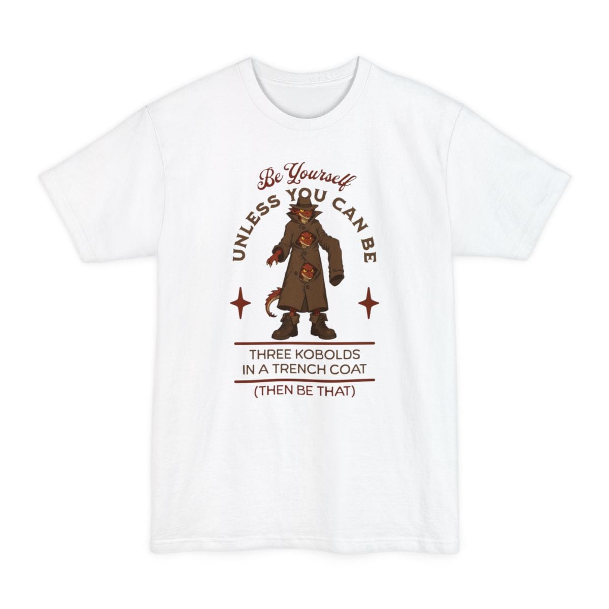 The same Three Kobolds in a Trench Coat design, on a white tall t-shirt.