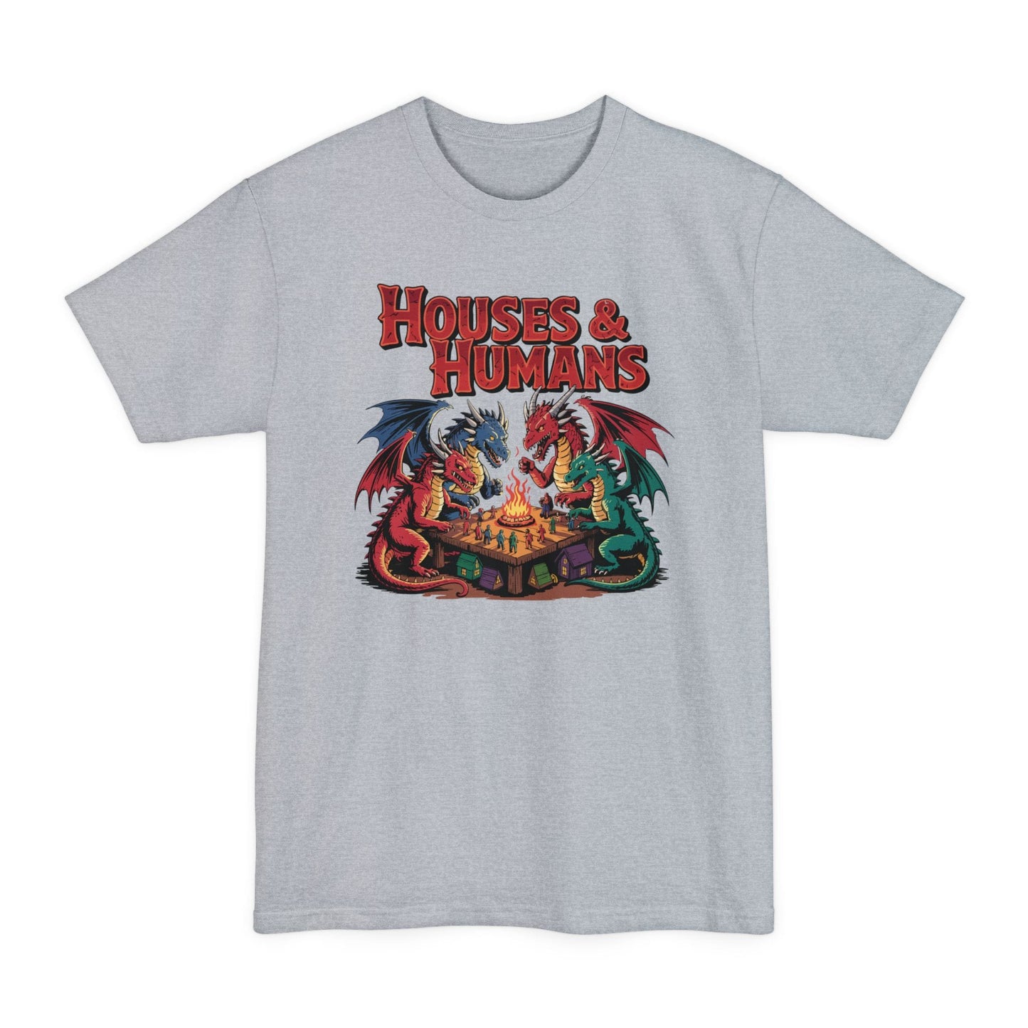 The same Houses and Humans dragons design, on a light steel tall t-shirt.