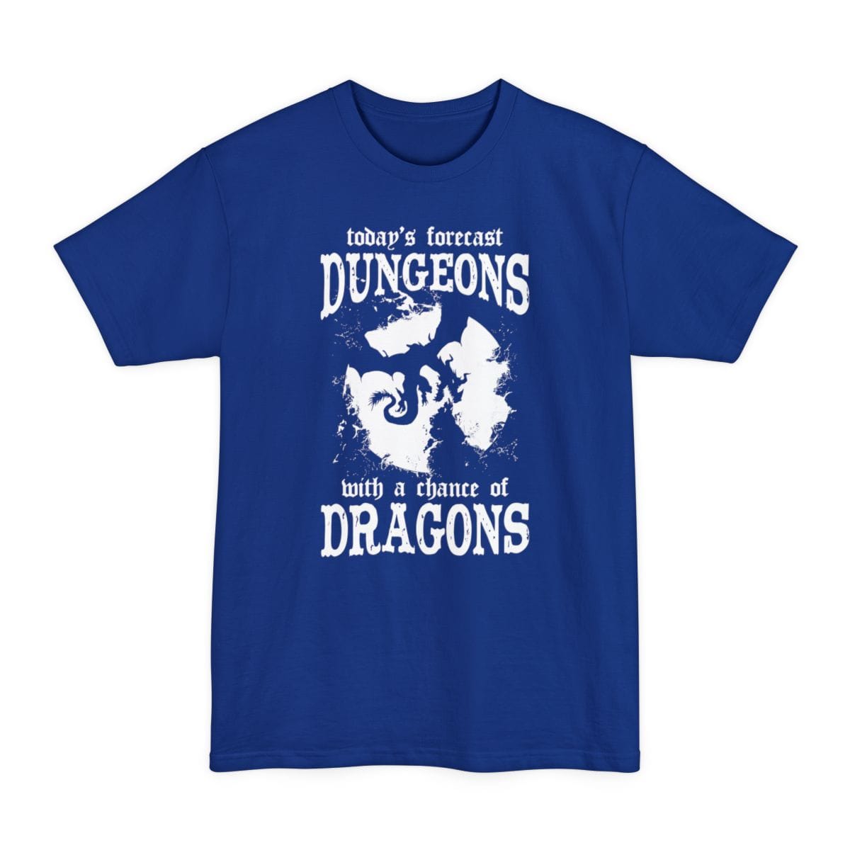 The same Weather forecast dragon design, on a deep royal tall t-shirt.