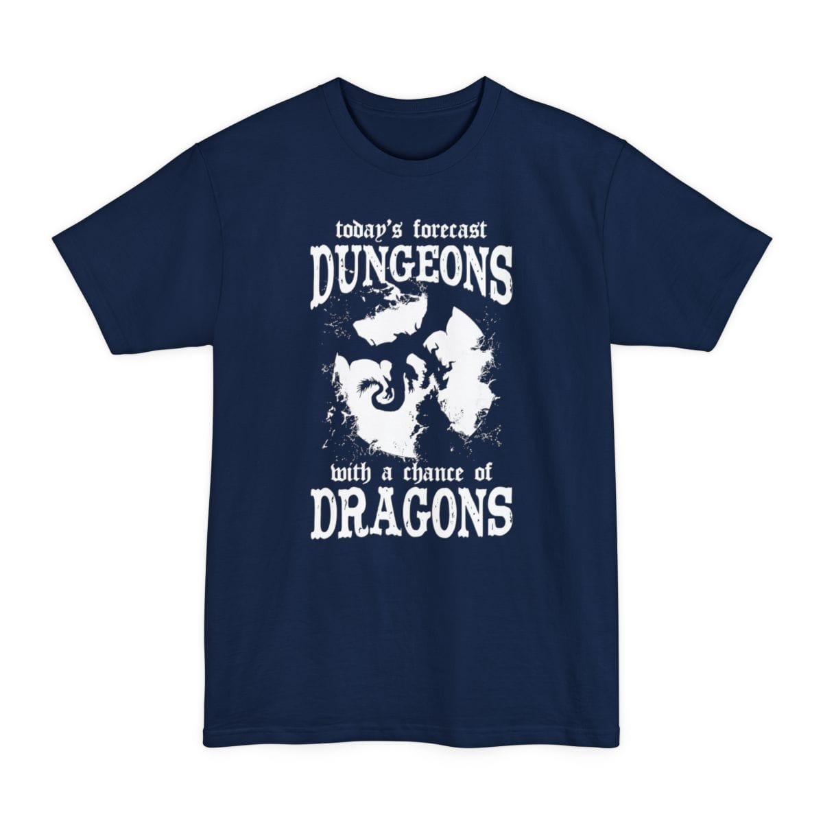 The same Weather forecast dragon design, on a navy tall t-shirt.