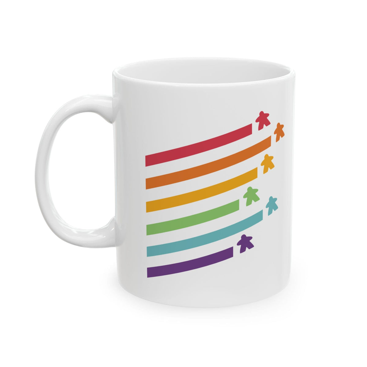 A white ceramic mug featuring a graphic of six rainbow pride stripes with small colorful meeple icons at the end of each stripe, shown on a plain white background.